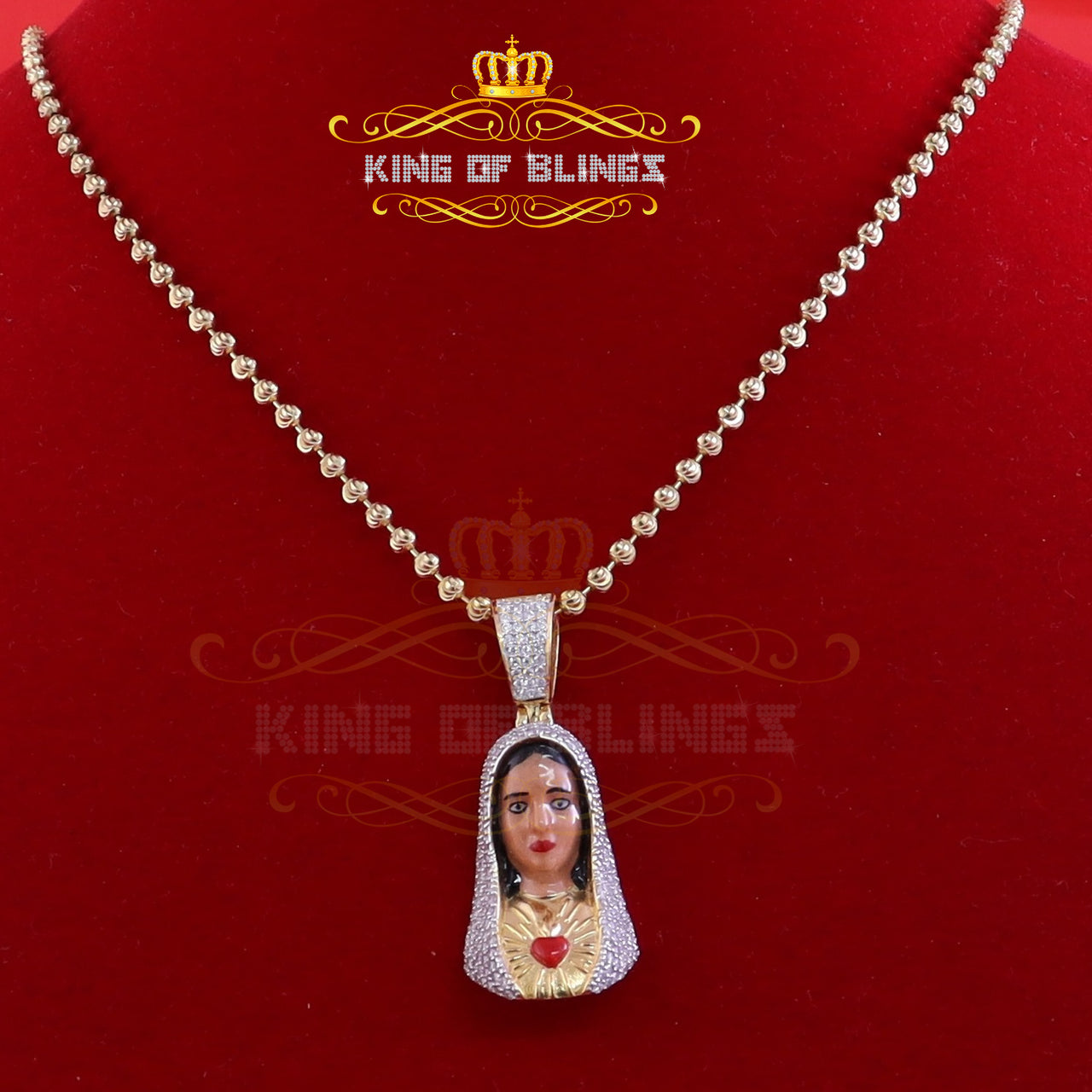 King Of Bling's 925 Silver Yellow Immaculate Heart MOTHER MARY 1.70 inch Pendant 3ct Moissanite KING OF BLINGS