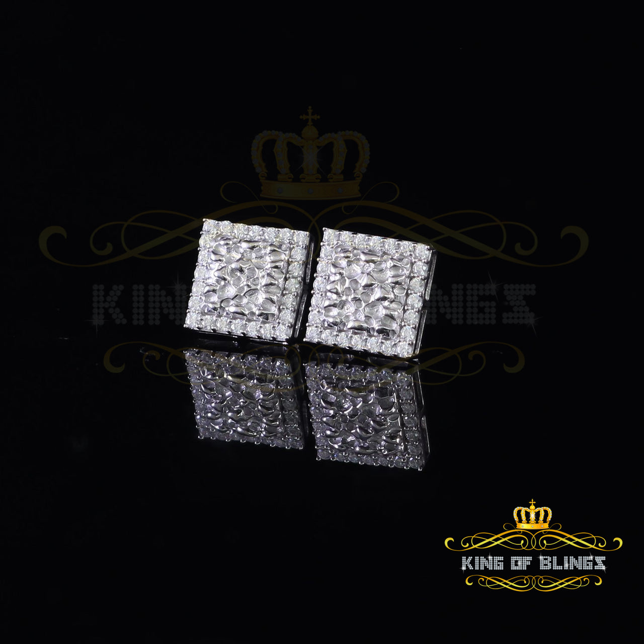King of Bling's 1.50ct Moissanite White 925 Sterling Silver Women's Square Shape Nugget Earrings