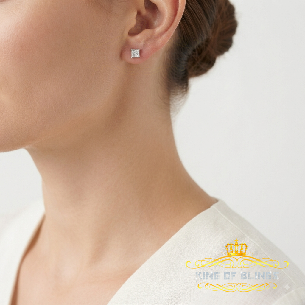 King Of Bling's 925 Sterling Silver 0.05ct Small Diamond Women's & Men's White Square Earring KING OF BLINGS