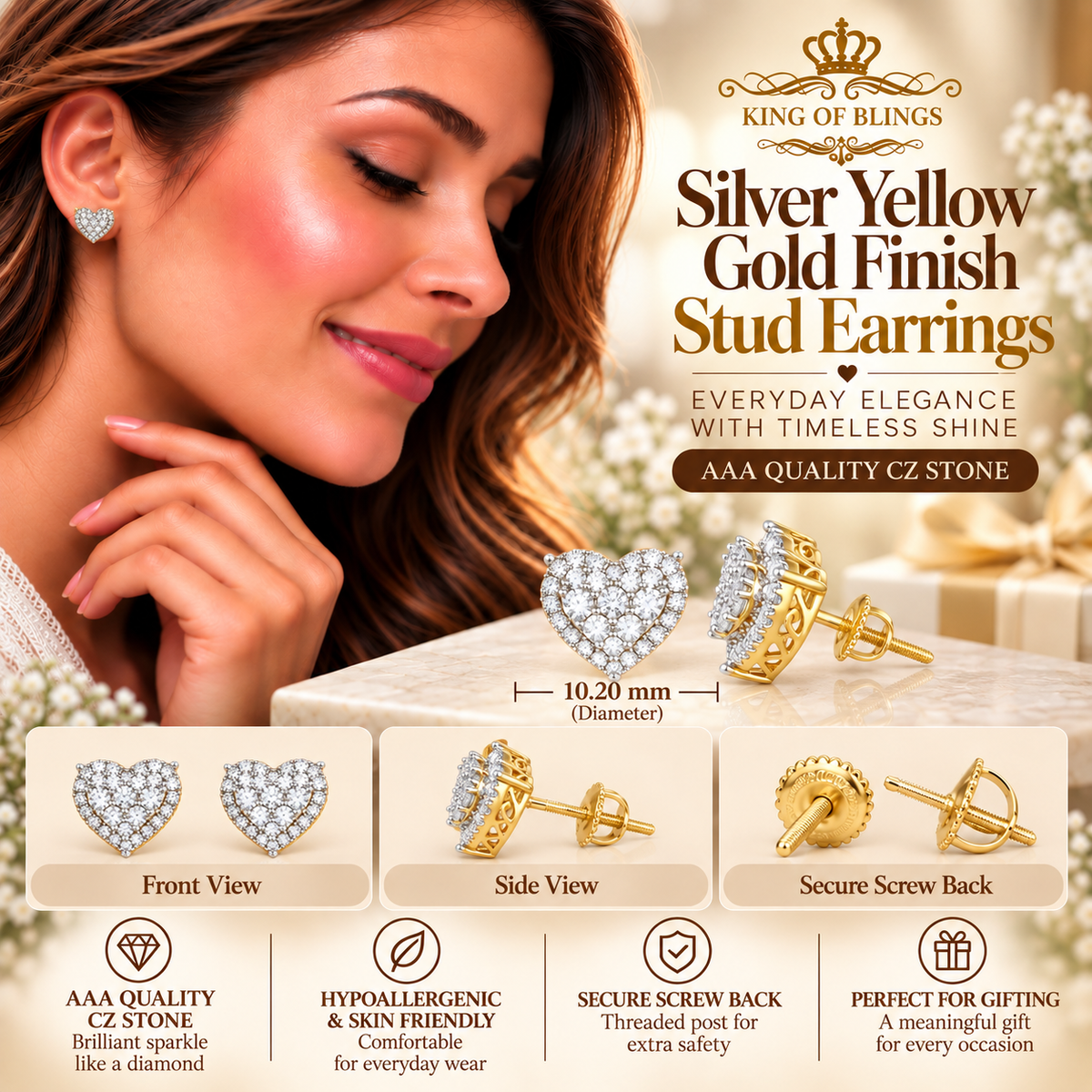 King of Bling's 1.18ct Cubic Zirconia 925 Yellow Sterling Silver Women's Hip Hop Heart Earrings KING OF BLINGS