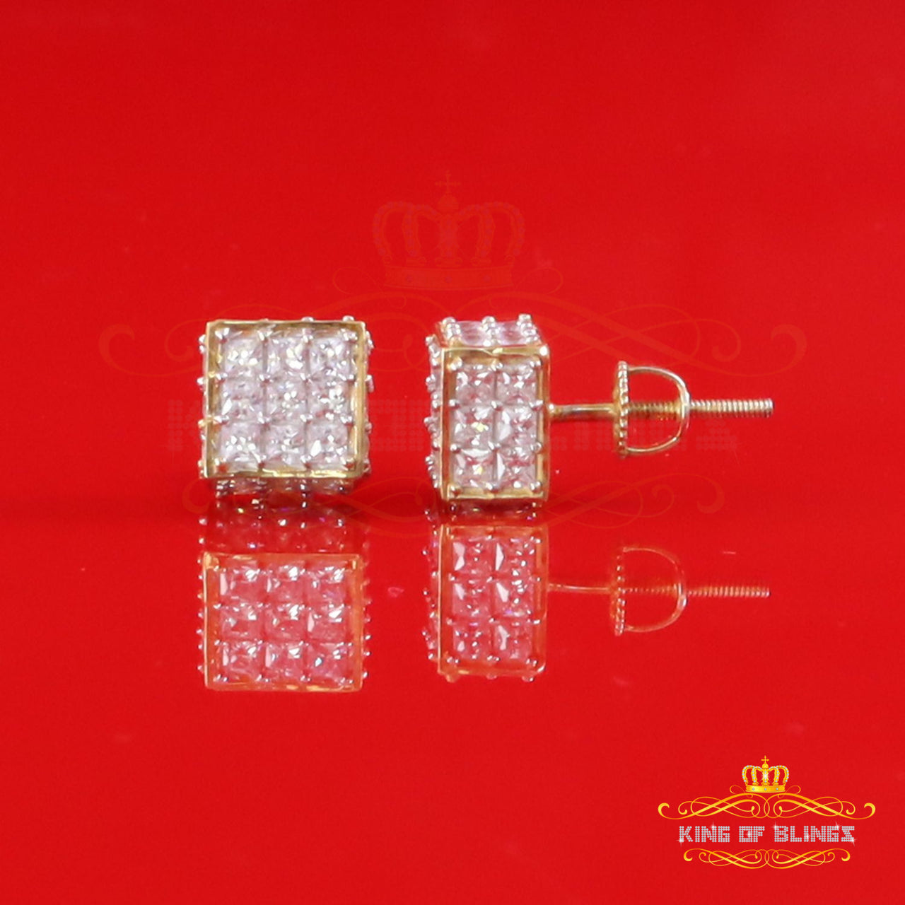 King of Bling's 925 Yellow Silver Screw Back Cubic Zirconia 5.94ct Women & Men Square Earrings