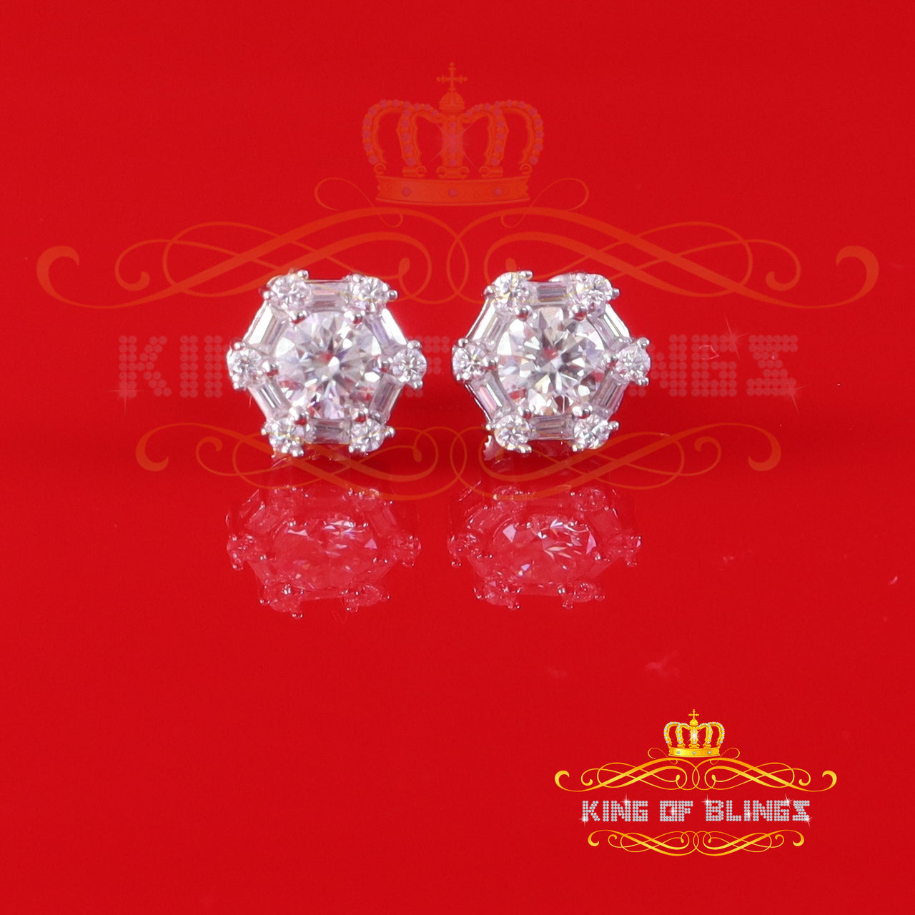 King of Bling's Men's/Womens 925 Silver White 1.50ct VVS 'D' Moissanite Hexagon Stud Earrings KING OF BLINGS