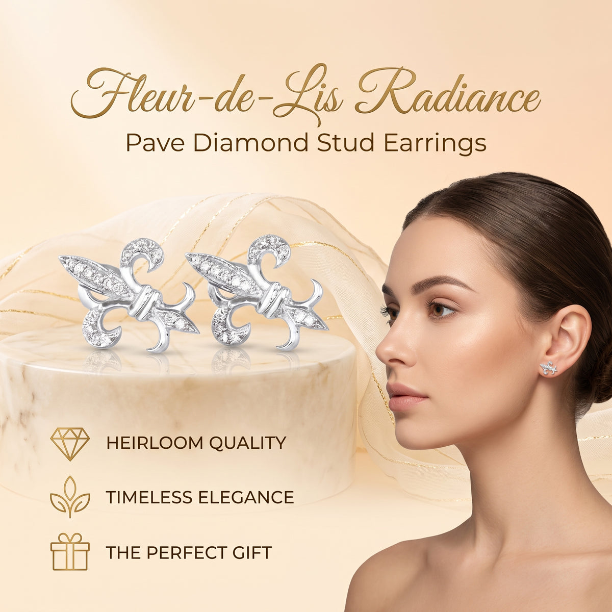 King of Bling's 925 White Silver Fleur de Lis Screw Back 0.25ct Cubic Zirconia Ladies Earrings KING OF BLINGS