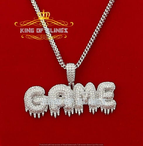 Beautiful Dripping "GAME" Sterling White Silver Pendant 16.59ct Cubic Zirconia KING OF BLINGS