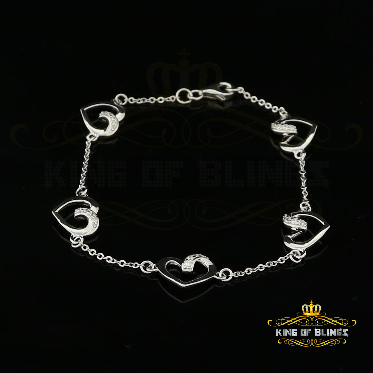 King Of Bling's White 925 Silver Heart Shape Men's/Womens Bracelet Cubic Zirconia -Size 6.5 Inch KING OF BLINGS
