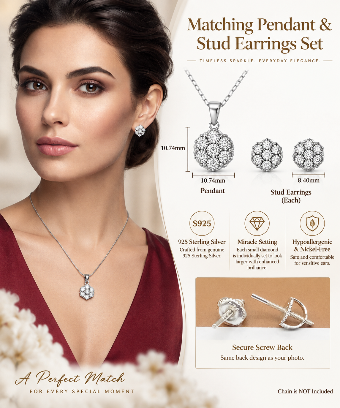 King of Bling's 925 White Silver 0.33W CTW Genuine Diamond Round Floral Pendant & Earrings Set King of Blings