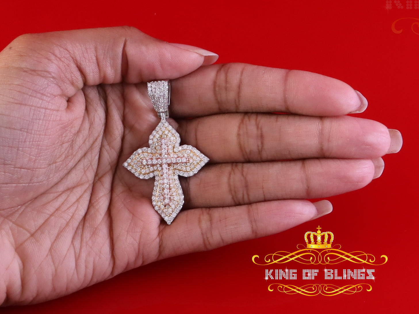 King Of Bling's Yellow 3.00 VVS D Moissanite Silver Charm Cross Floury Pendant Men's & Women's KING OF BLINGS