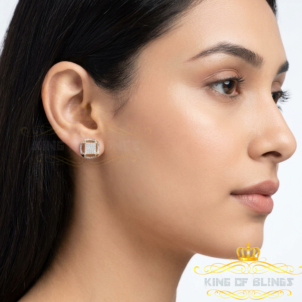 King of Blings-925 Silver Yellow Real Diamond 3D Micro Pave Cushion Crown Cluster Stud Earring