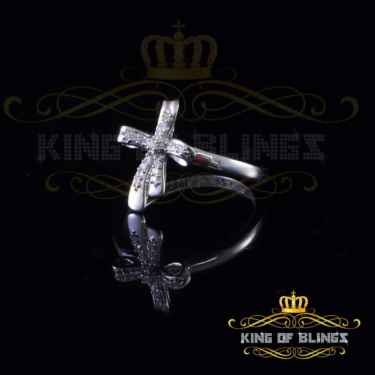 King Of Bling's925 Sterling White Silver Shiny Cross 0.17ct Cubic Zirconia Womens Ring Size 8