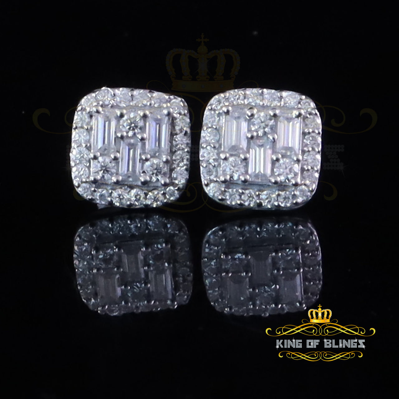 King of Bling's 0.75ct VVS 'D' Baguette Moissanite Men's/Womens 925 Silver White Stud Earrings KING OF BLINGS