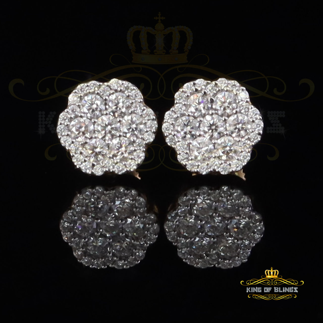 King  of Bling's 925 Yellow Silver 0.66ct VVS 'D' Moissanite Floral Stud Earring Men's/Womens