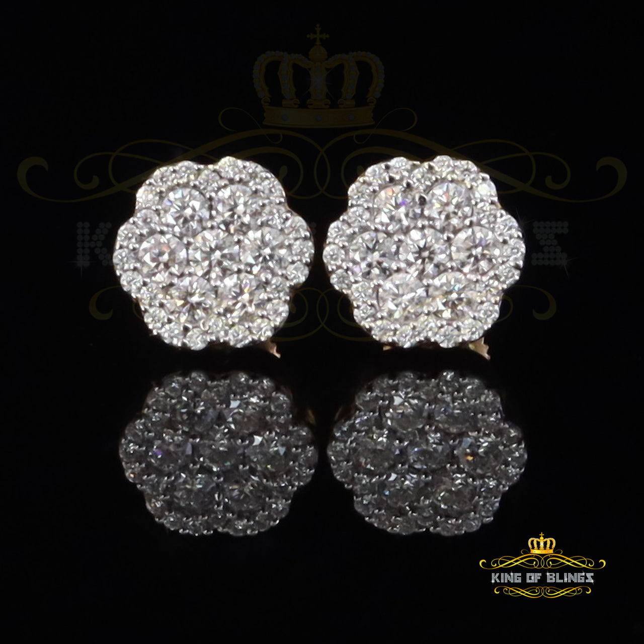 King  of Bling's 925 Yellow Silver 0.66ct VVS 'D' Moissanite Floral Stud Earring Men's/Women's