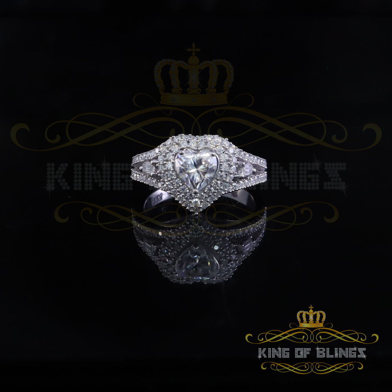 King of Bling's Heart Ring Size7 for Women White Silver 1.50ct VVS D with HEART Moissanite Stone