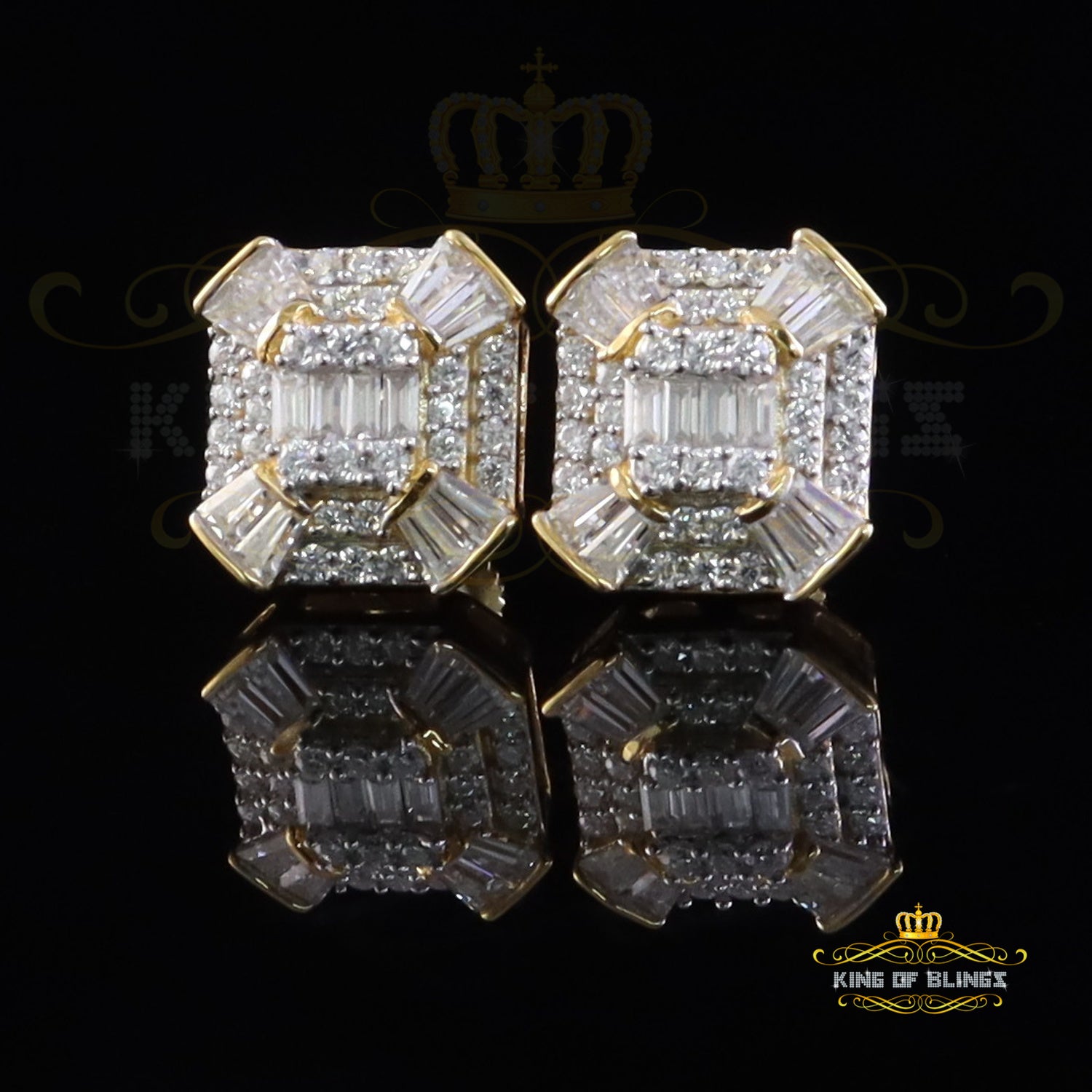 King  of Bling's 925 Yellow Silver 1.25ct VVS 'D' Moissanite Rectangle Stud Earring Men's/Womens King of Blings