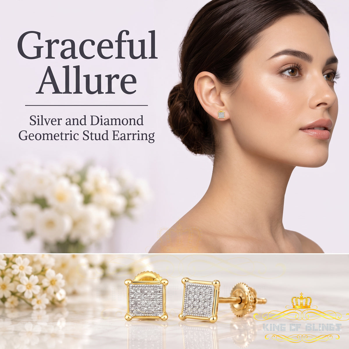 King Of Bling's 0.10ct Diamond Collection Yellow 925 Sterling Silver Women & Men Square Earrings KING OF BLINGS