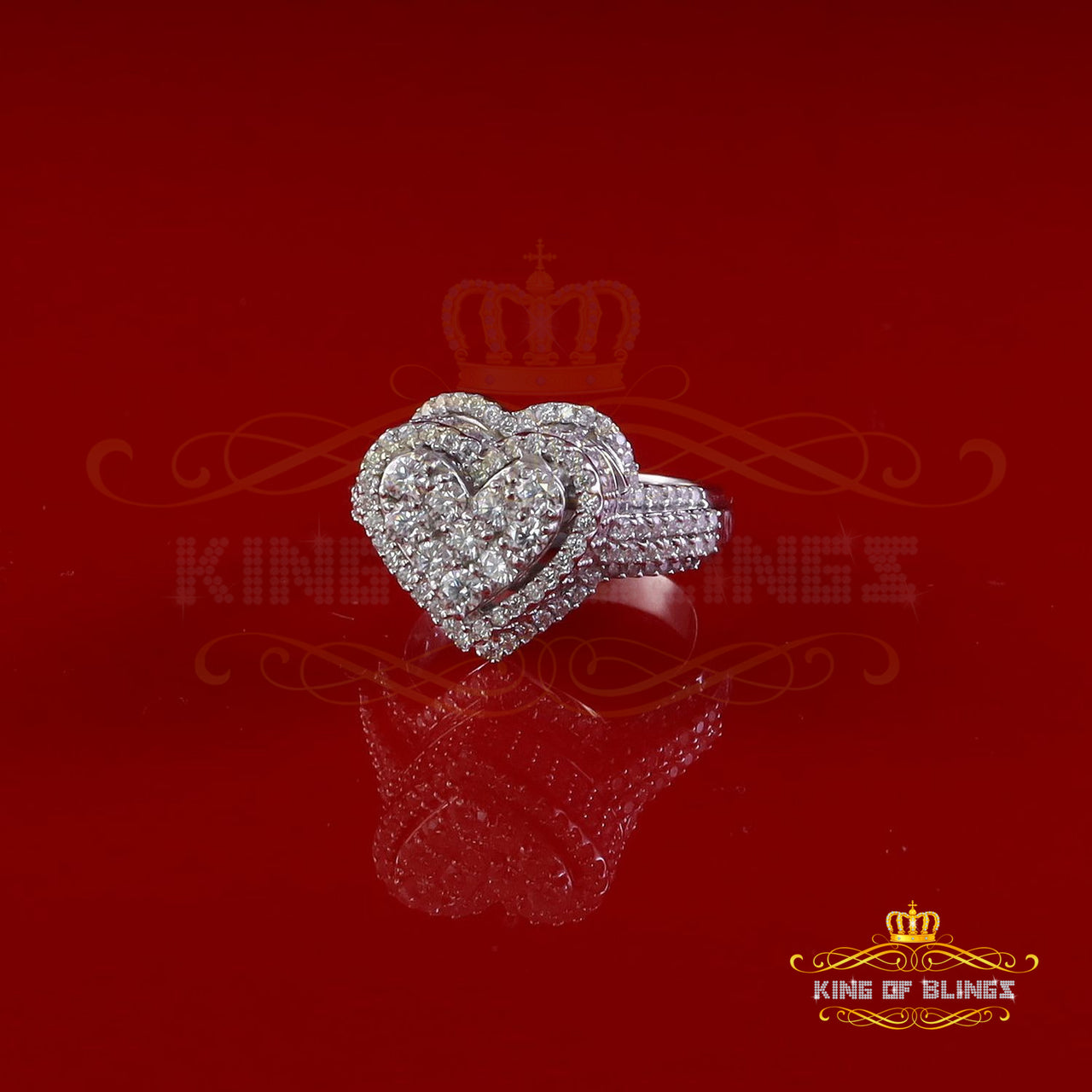 King of Bling's 2.50CT Women's 925 Silver White VVS 'D' Moissanite 3D Double Heart Ring Size 7
