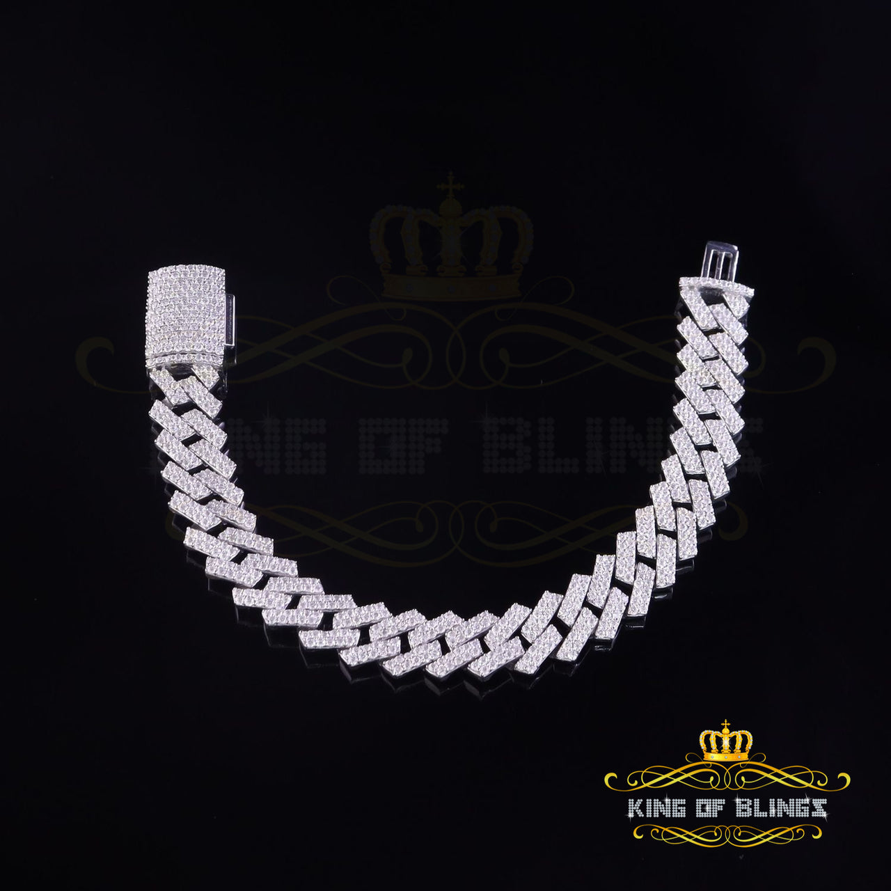 King Of Bling's Monaco Men's Bracelet 925 Silver White 15ct Moissanite size 8 inch & Width 14mm