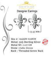 King of Blings- 925 White Silver Women's Fleur de Lis Screw Back 0.36ct Cubic Zirconia Earrings KING OF BLINGS