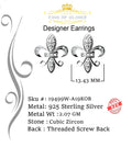 King of Blings- 925 White Silver Women's Fleur de Lis Screw Back 0.36ct Cubic Zirconia Earrings KING OF BLINGS