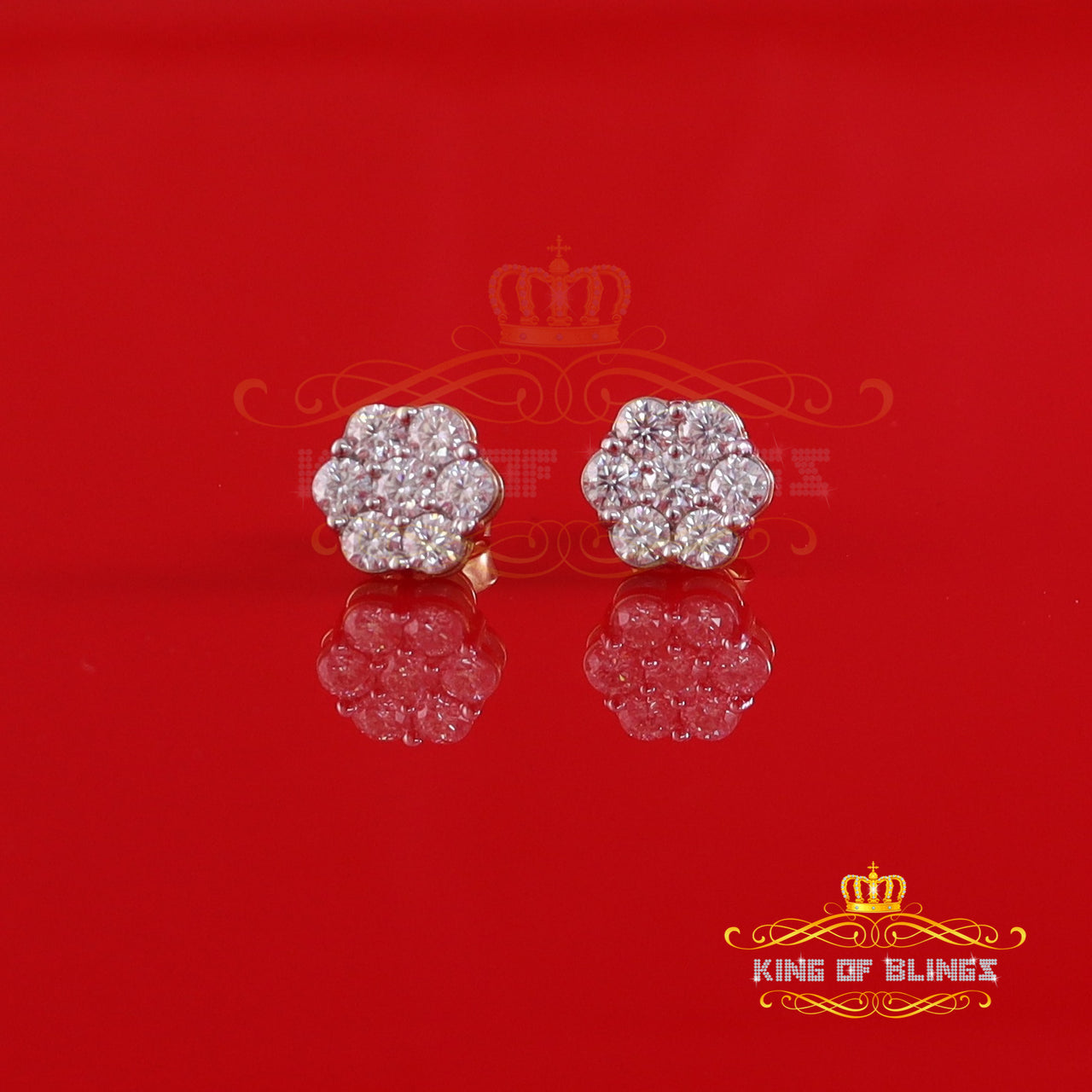 King Of Bling's Real Moissanite Vvs 'D' Color 2.0ct 10k Real Yellow Gold Stud FLORAL Earrings