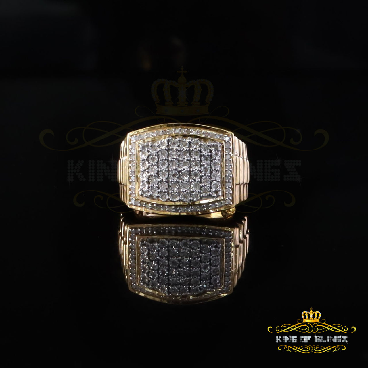 King Of Bling's Mirage Rectangle 0.40ctReal Diamond 925 Yellow Silver Engagement Mens Ring Sz 10