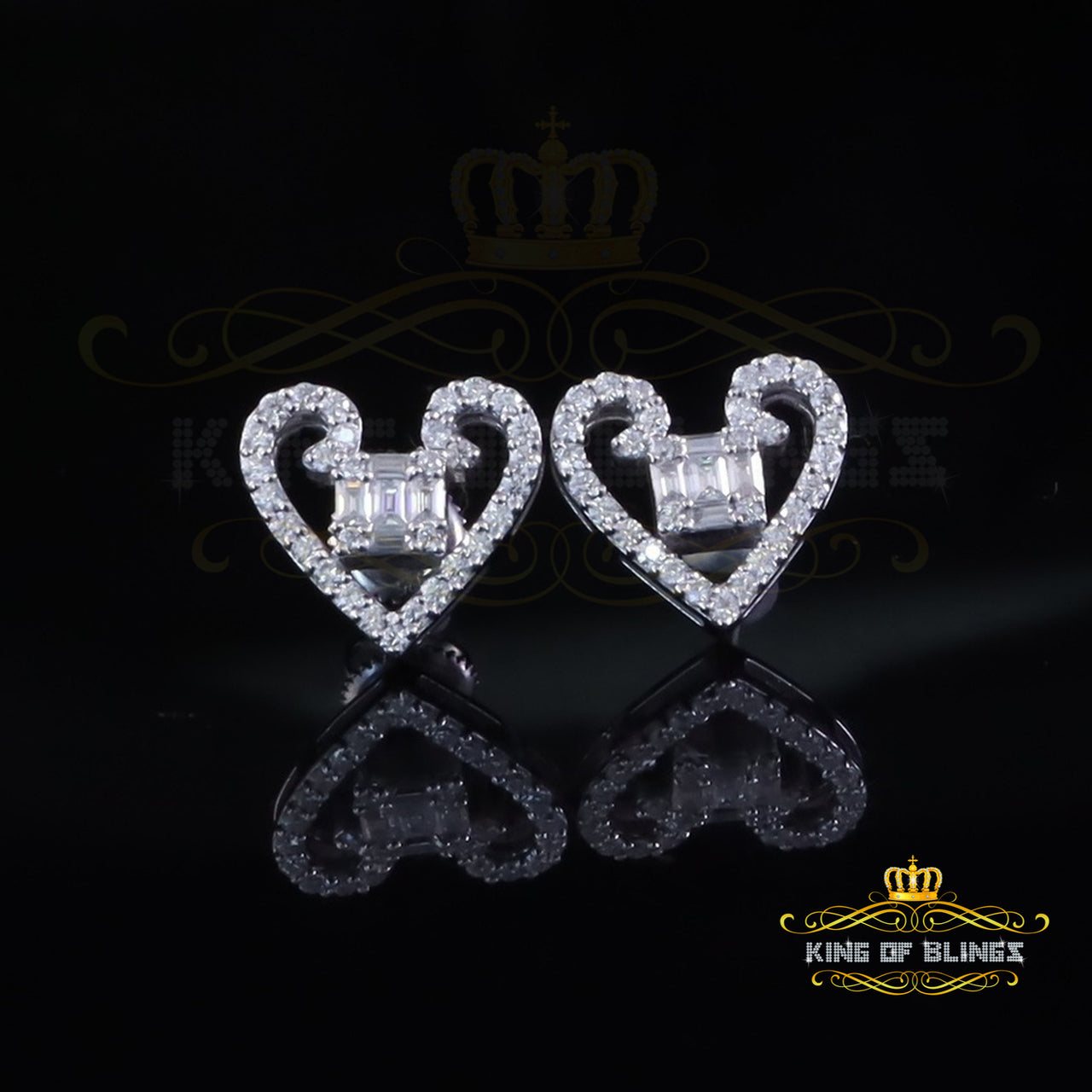 King of Bling's Men/Women Stud 925White Silver Heart Baguette Earrings 1.00ct VVS D Moissanite KING OF BLINGS