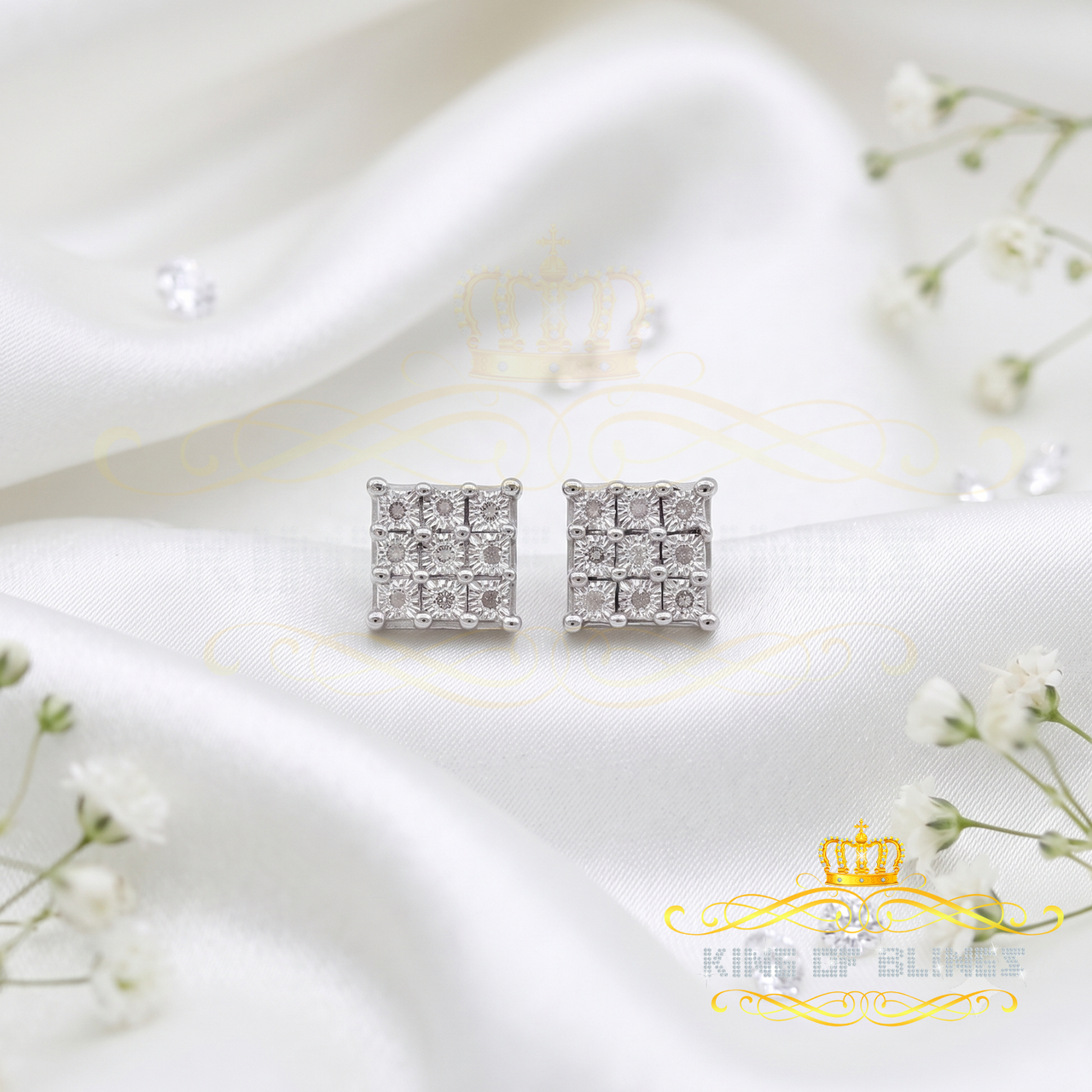 King Of Bling's 0.08 ct Diamond Hip Hop Women's & Men's Stud Earrings 925 White Sterling Silver