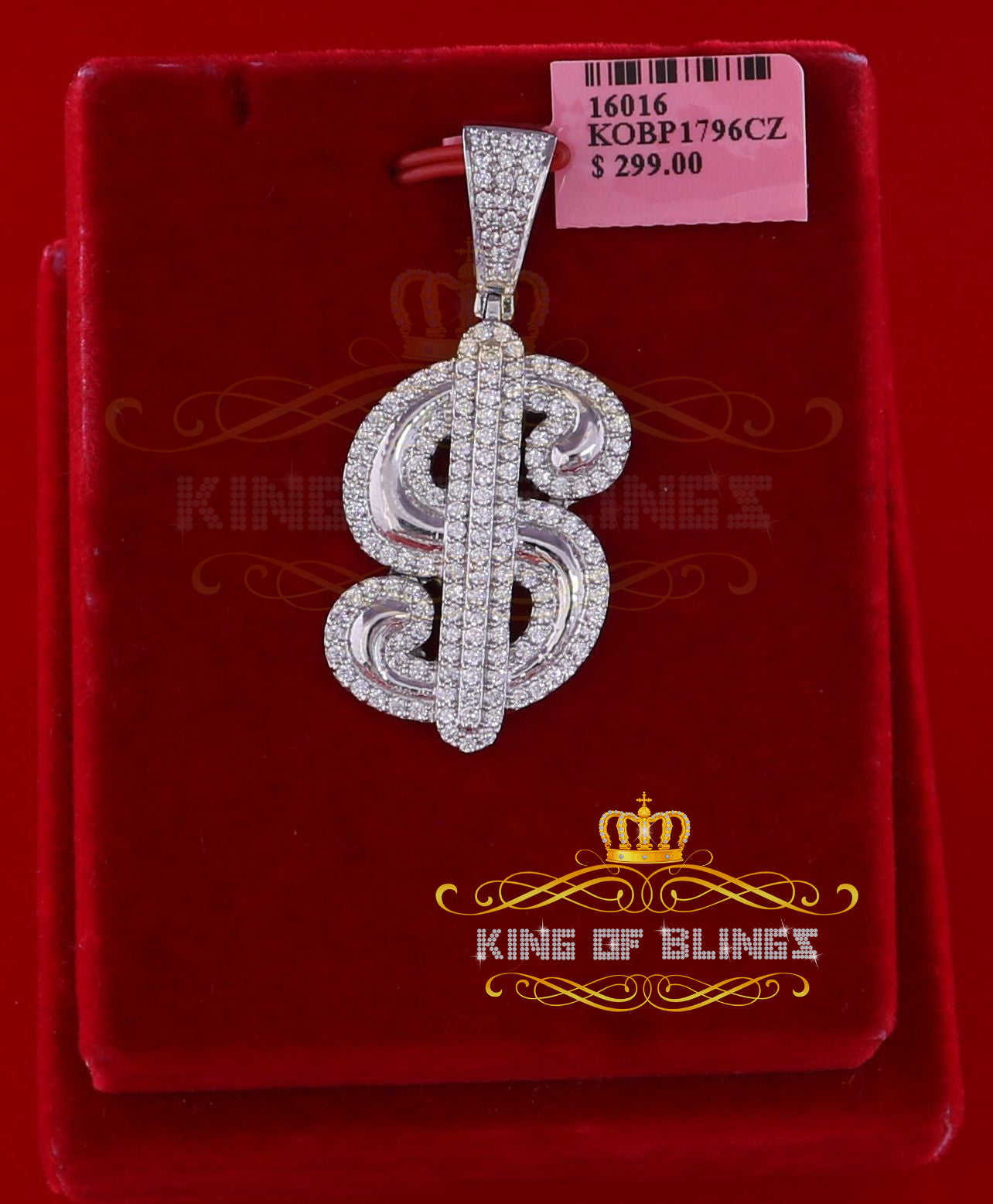 King Of Bling's White 925 Sterling Silver Dollar Sign Pendant with 3.05ct Cubic Zirconia Stone KING OF BLINGS