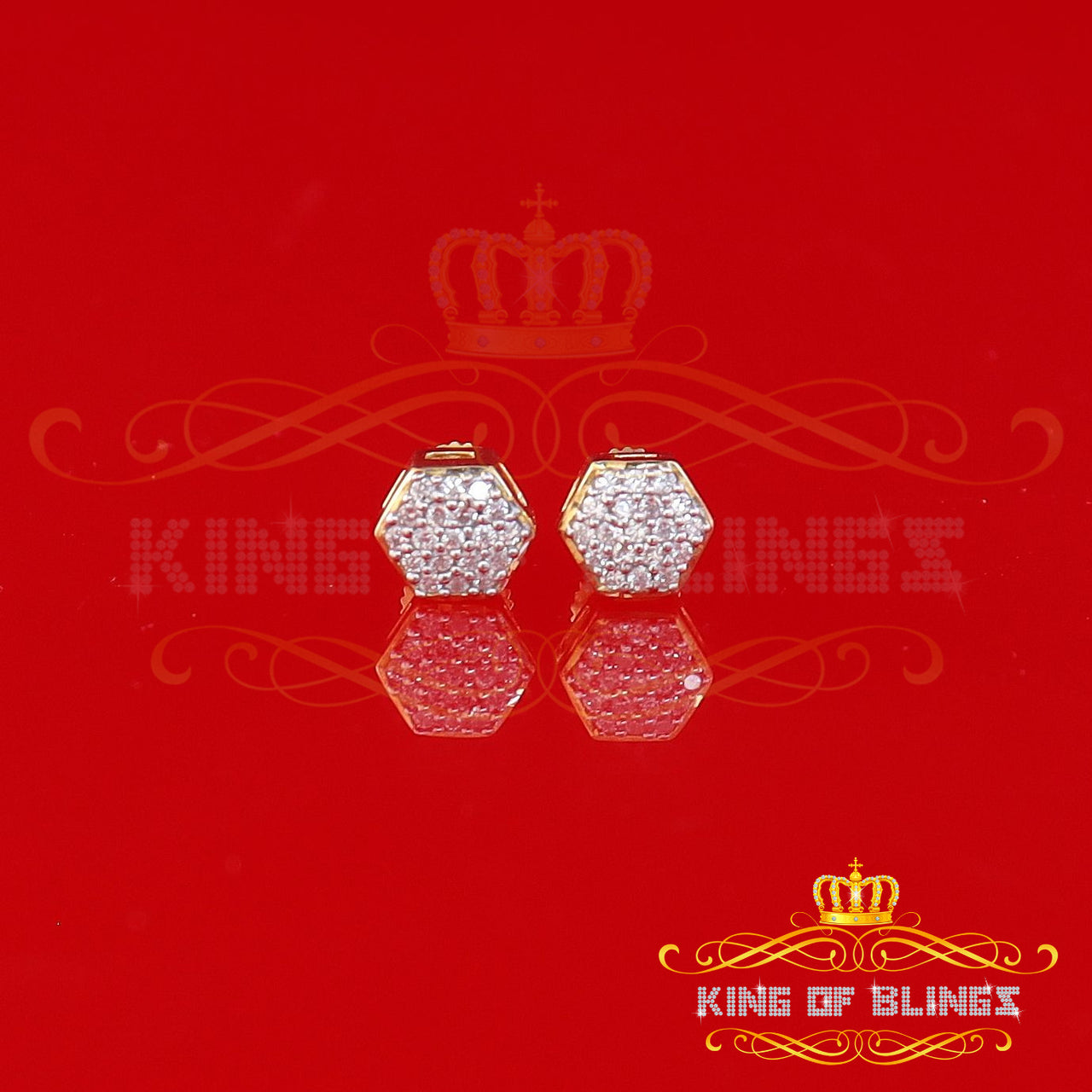 King of Bling's 925 Yellow Silver 0.38ct Cubic Zirconia Women's & Men Hip Hop Hexagon Earrings