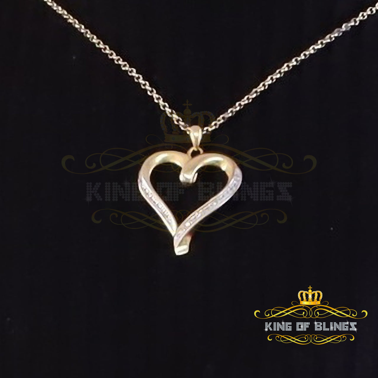 King Of Bling's Real 0.08ct Diamond 925 Sterling Silver HEART Charm Necklace Yellow Pendant