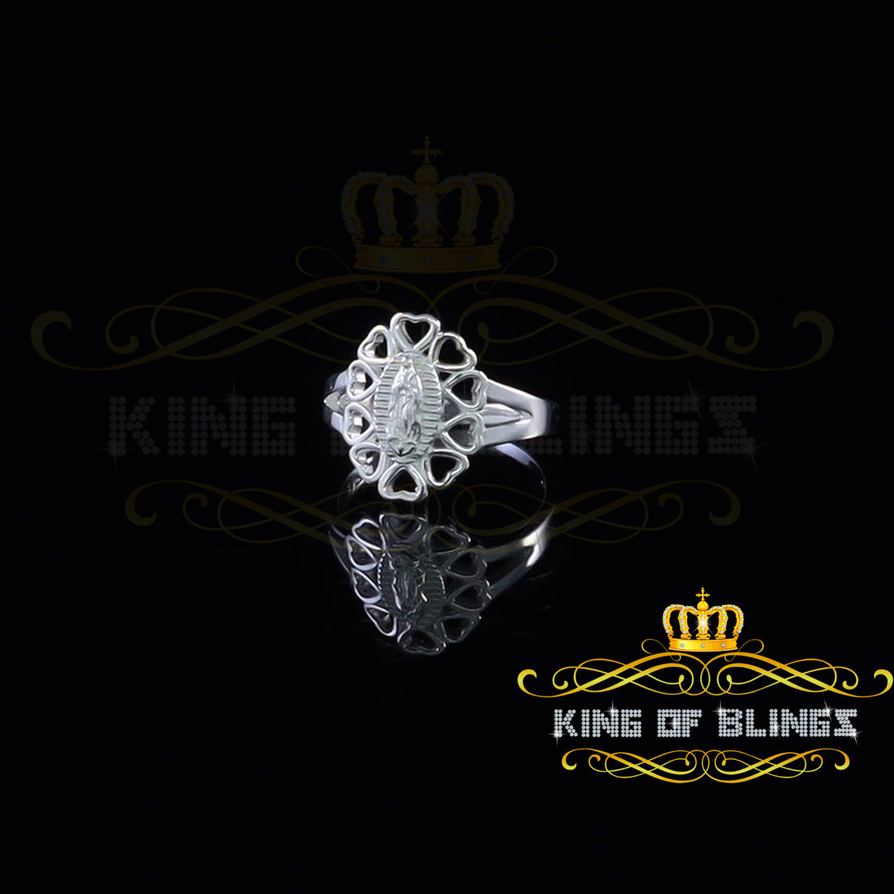 KING OF BLINGSWhite 925 Silver Virgin Mary Heart shape cutout Women Faith Protection Ring SZ 8