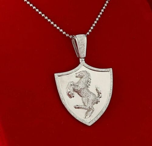 White 925 Sterling Silver Horse Shield Shape Pendant 4.44ct Cubic Zirconia KING OF BLINGS