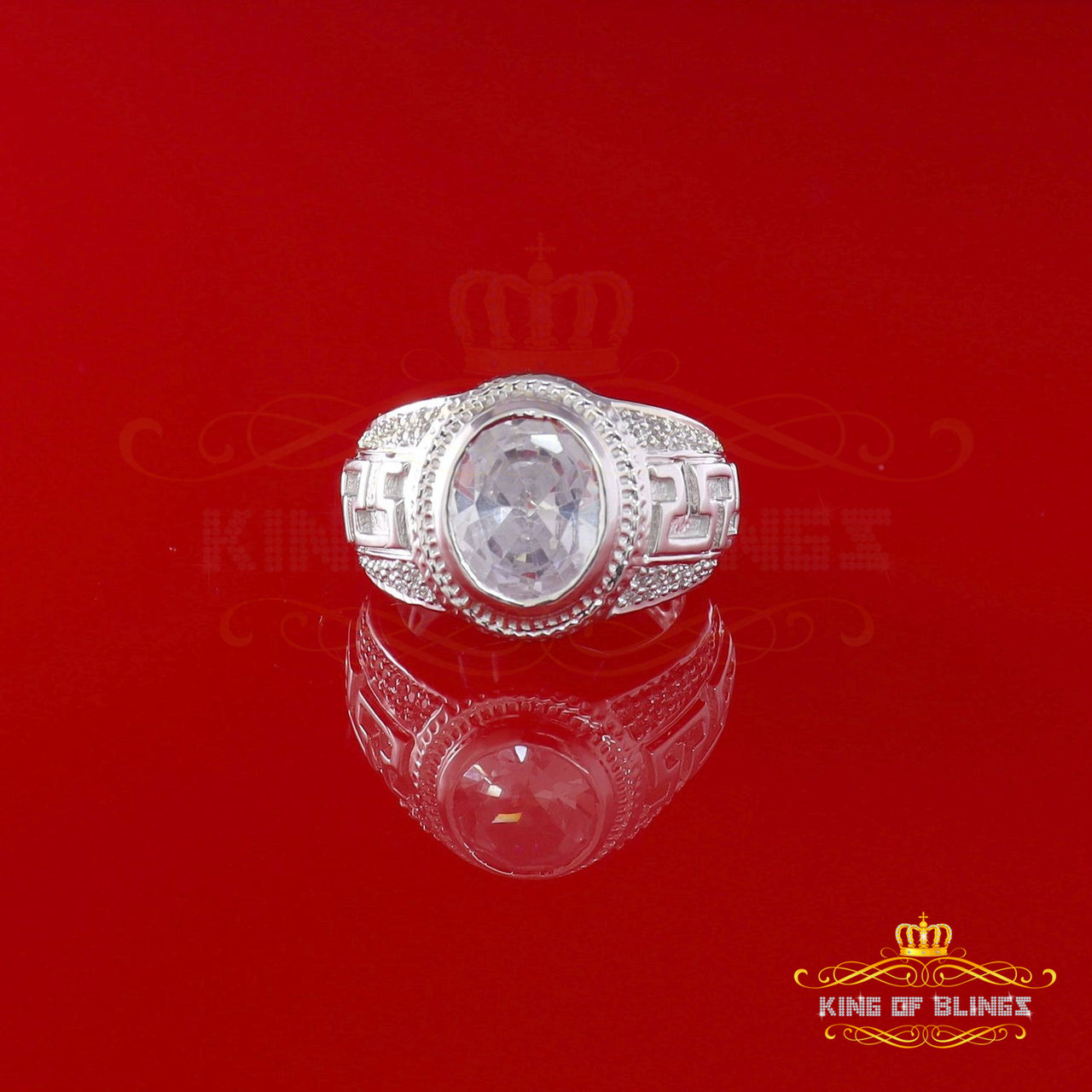 King Of Bling's8.10ct White Silver Oval Cubic Zirconia Men's Adjustable Ring From SZ 9 to 10
