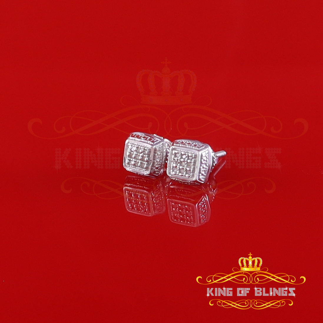 King Of Bling's 0.05ct Diamond Square Earrings For Women White 925 Sterling Silver Stud For Men KING OF BLINGS