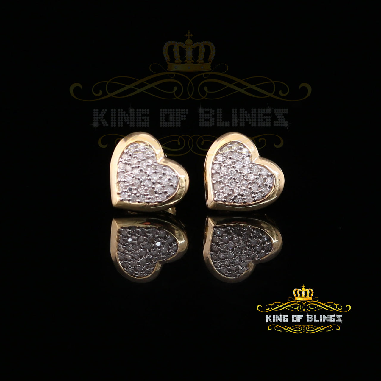 King Of Bling's 10K Real Yellow Gold Real Diamond 0.25CT Men's/Women's Stud Micro Heart Earring KING OF BLINGS