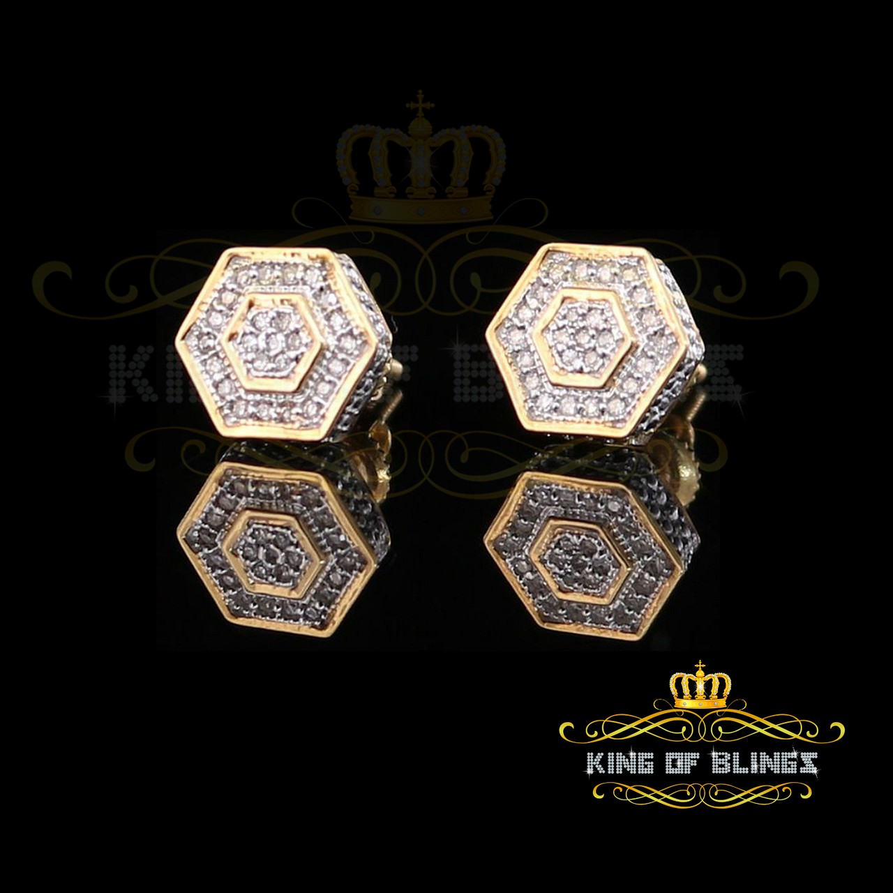 King Of Bling's 10K Real Yellow Gold with 0.10CT Real Diamond Men's/Women's stud Hexagon Earring