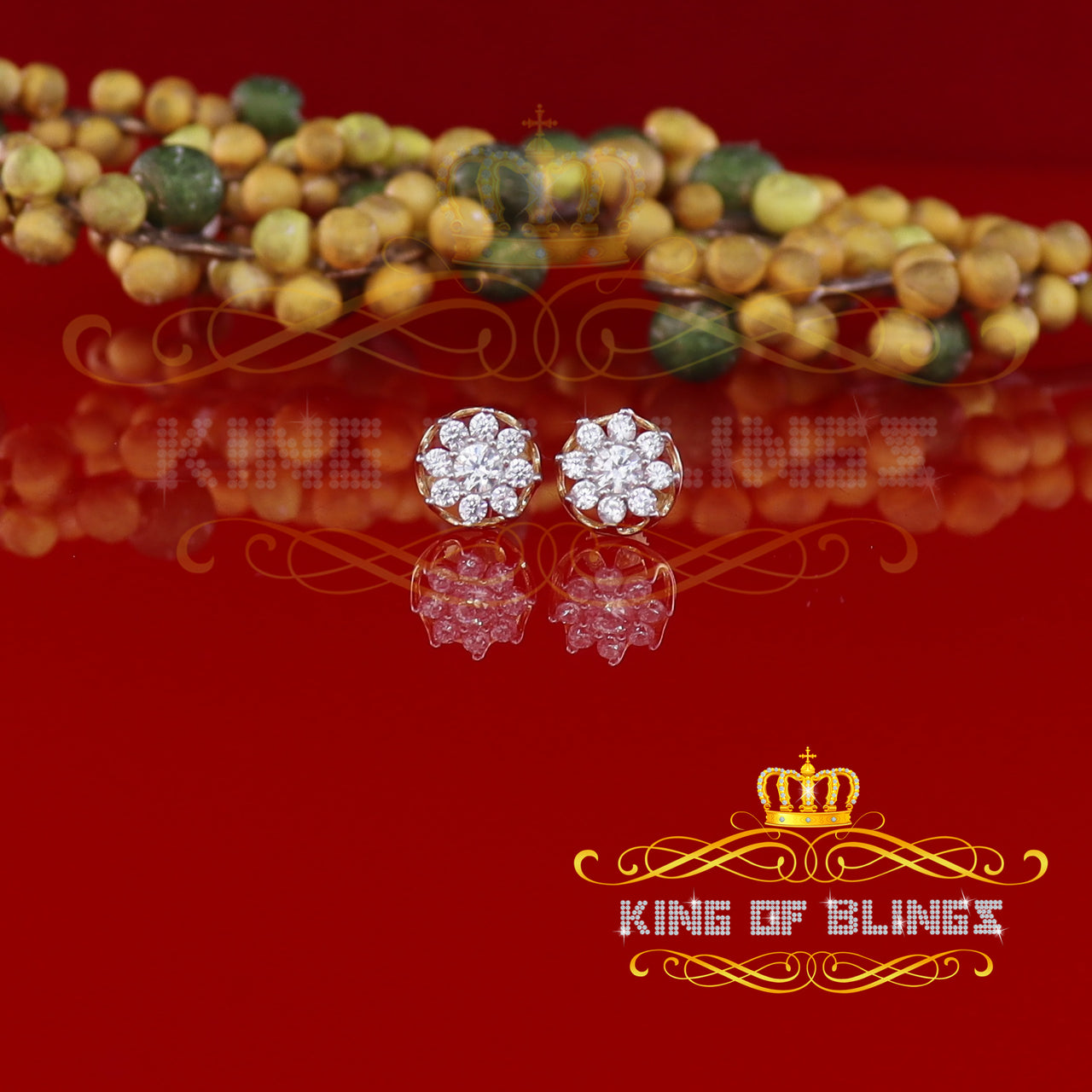 King of Bling's 925 Yellow Silver 1.34ct Cubic Zirconia Hip Hop Floral Women's & Men's Earrings KING OF BLINGS