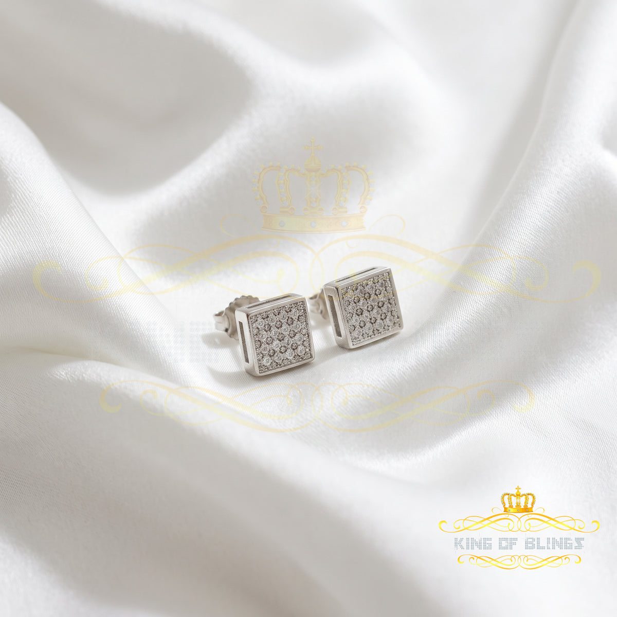 King Of Bling's 0.10ct Micro Pave 925 White Silver Diamond Square Earring For Men's & Women's KING OF BLINGS