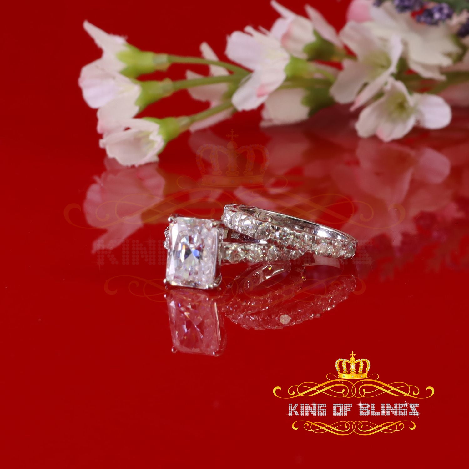 King of Bling's 925 Silver Mens/Women Bridal Rings Emerald Shape Size 8 White 7.00ct Moissanite KING OF BLINGS