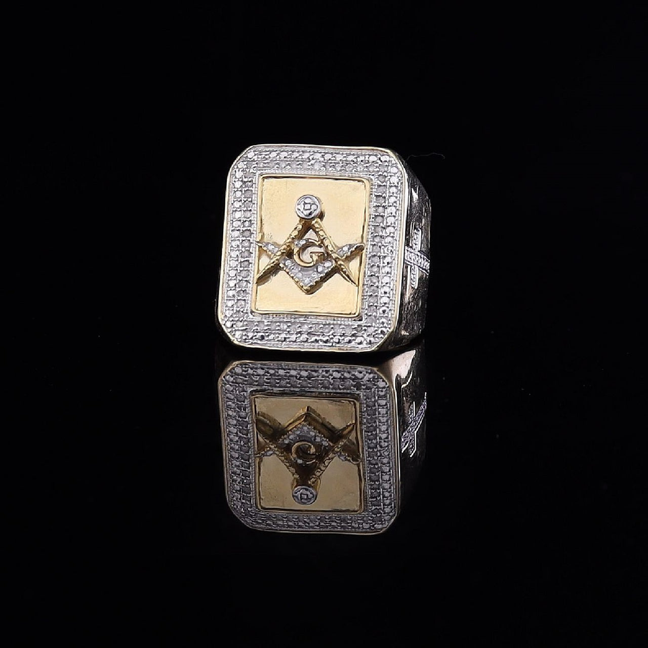 King Of Bling's Real 0.20CT Diamond Masonic 925 Yellow Sterling Silver Men's Big Ring Size 10