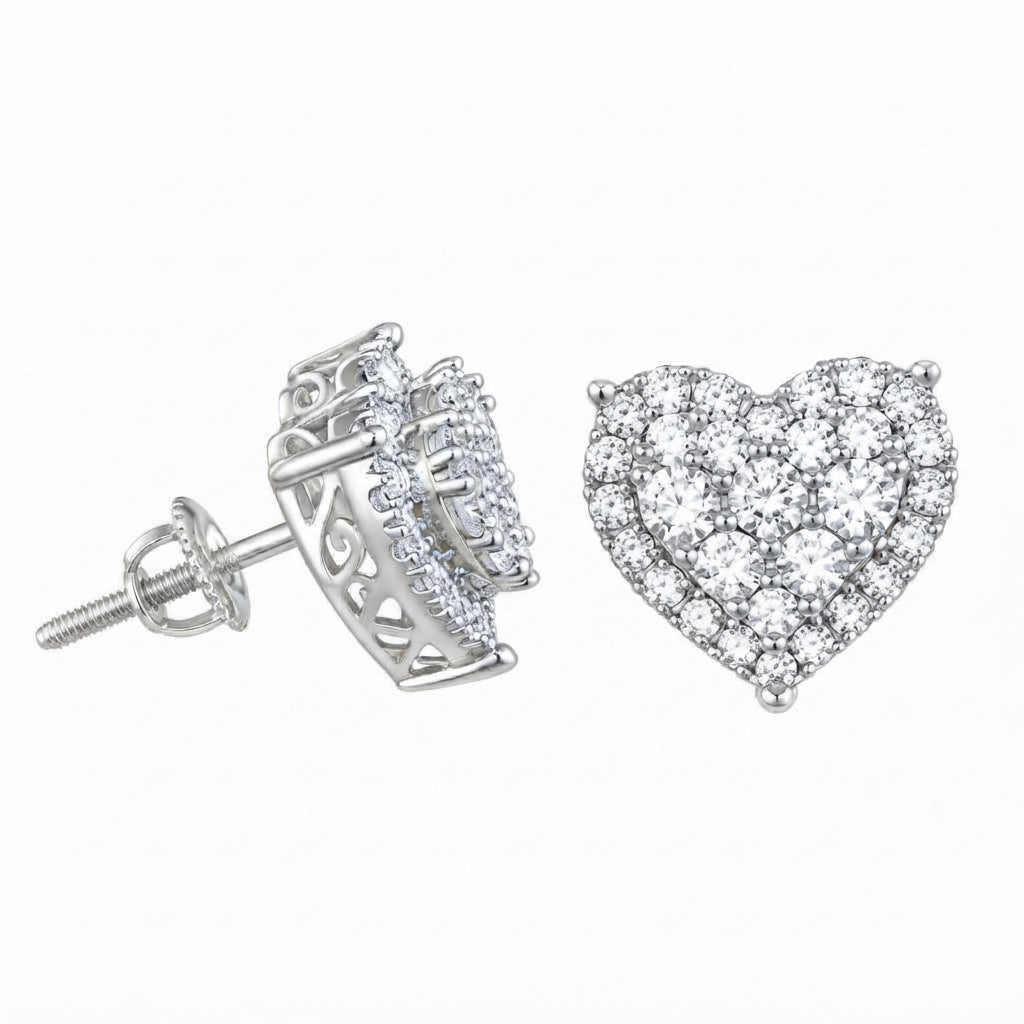 King of Bling's Aretes Para Hombre 925 White Silver 1.64ct Cubic Zirconia Heart Women's Earrings KING OF BLINGS