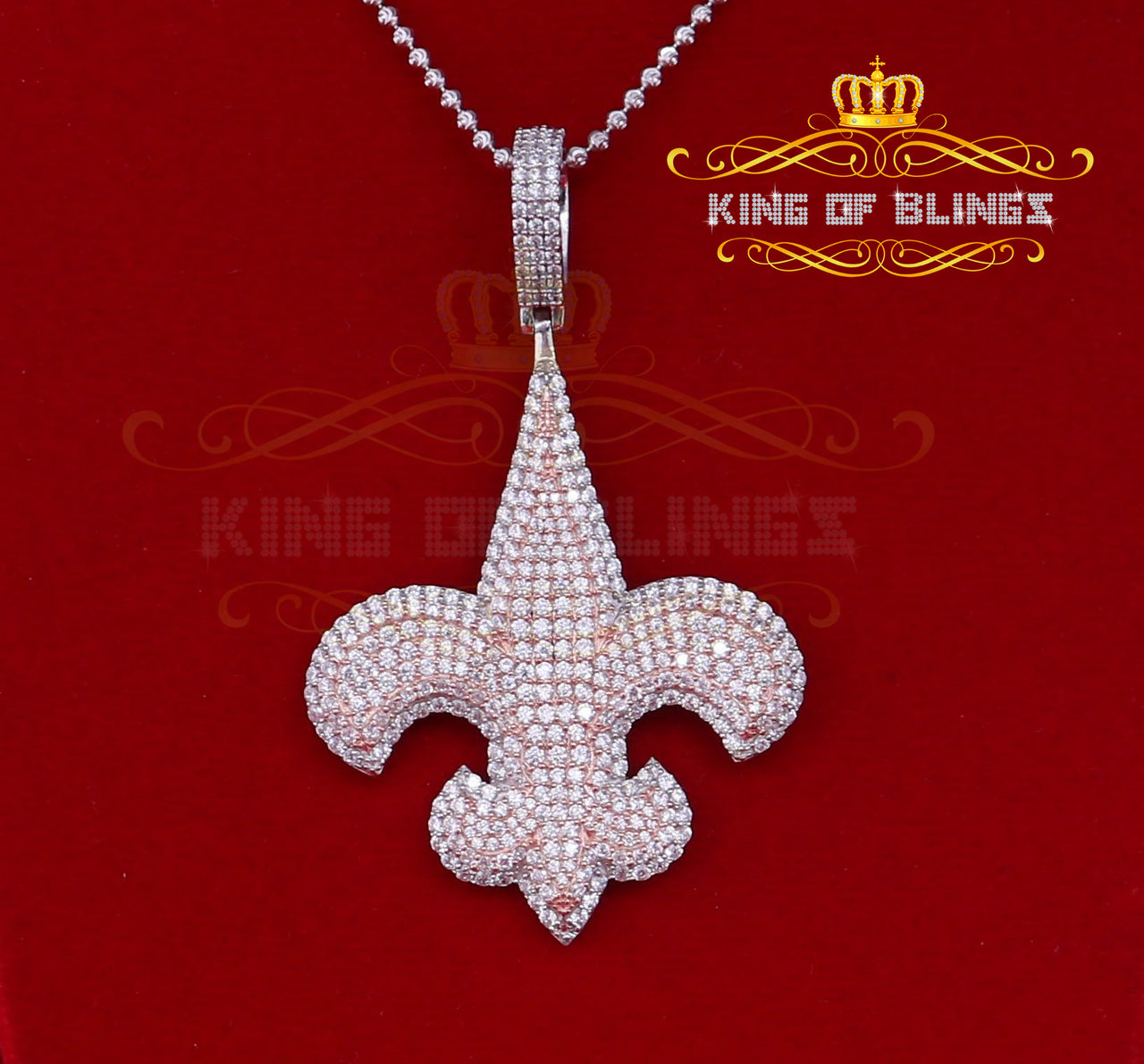 White 925 Sterling Silver Fleur de Lis Rose Shape Pendant 9.66ct Cubic Zirconia KING OF BLINGS