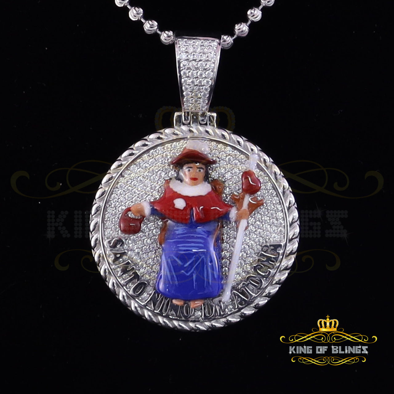 King Of Bling's Sterling Silver White "SANTO NINO DEATOCHA" Pendant with 3ct Genuine Moissanite KING OF BLINGS