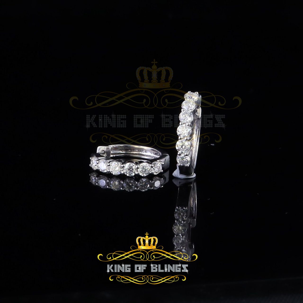 King of Bling's Women's 925 Silver 1.50ct VVS 'D' Moissanite 1 row Stones Hoop Earrings
