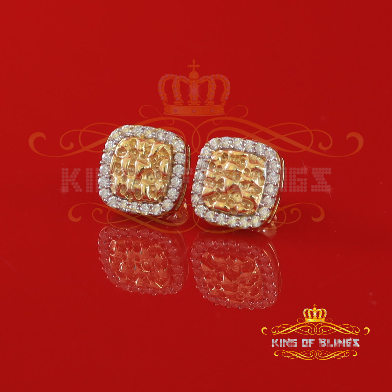 King  of Bling's 1.50ct Moissanite Yellow 925 Silver Women Round Edge Square Shape Nugget Earring