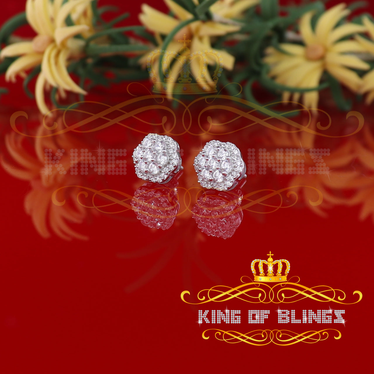 King of Blings- Aretes Para Hombre 925 White Silver 1.74ct Cubic Zirconia Flower Women's Earring KING OF BLINGS
