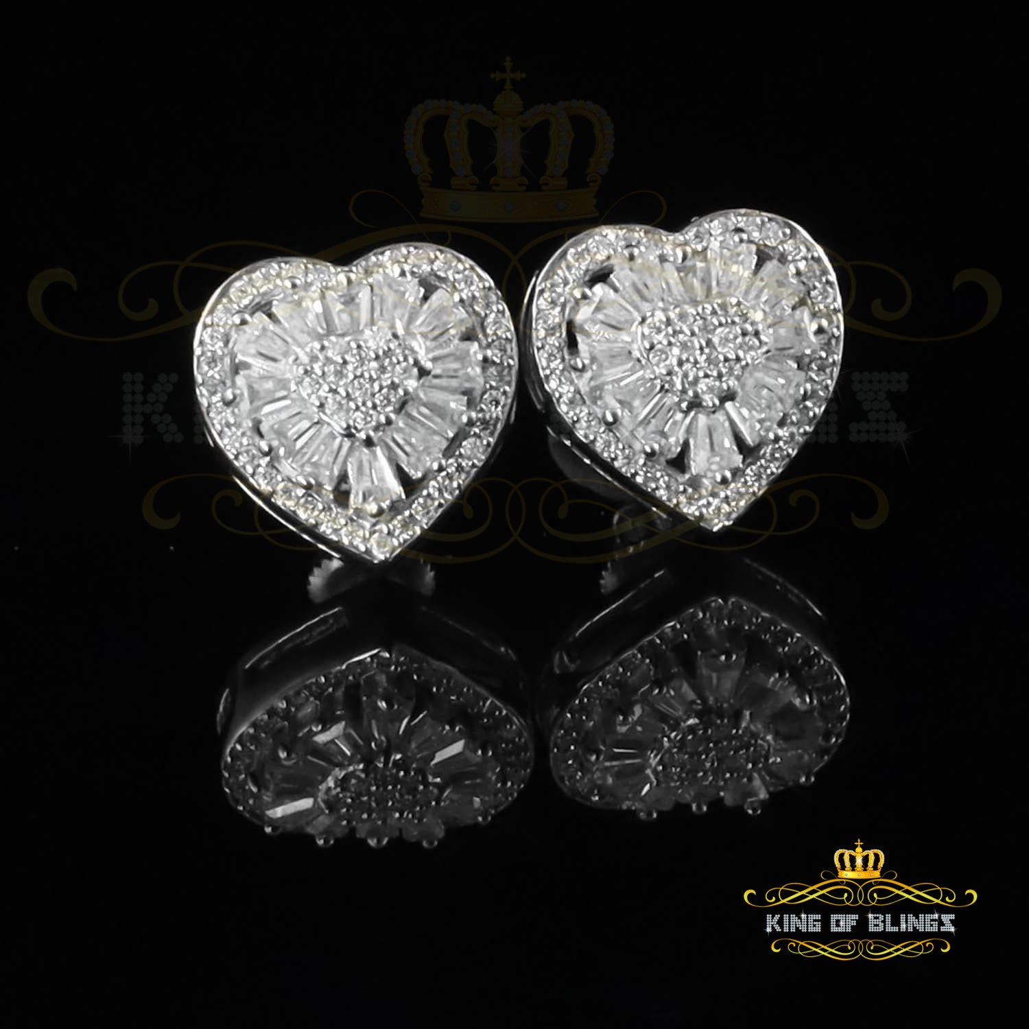 King of Bling's White Silver 1.0ct VVS 'D' Moissanite Floral Heart Stud Earring Men's/Womens KING OF BLINGS