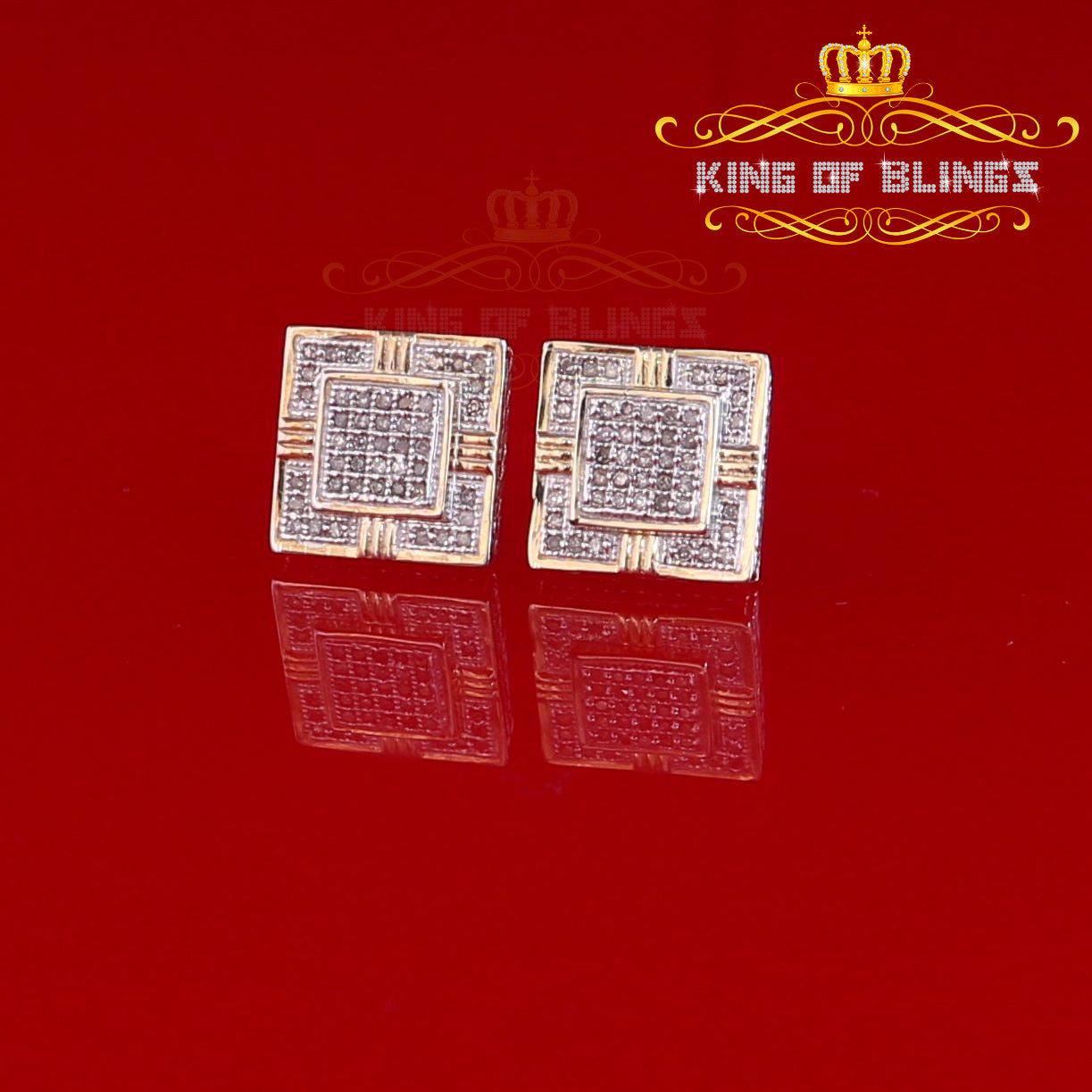 King of Blings-925 Sterling Silver Yellow Hip Hop 0.30ct Diamond Men's/ Women's Square Earrings