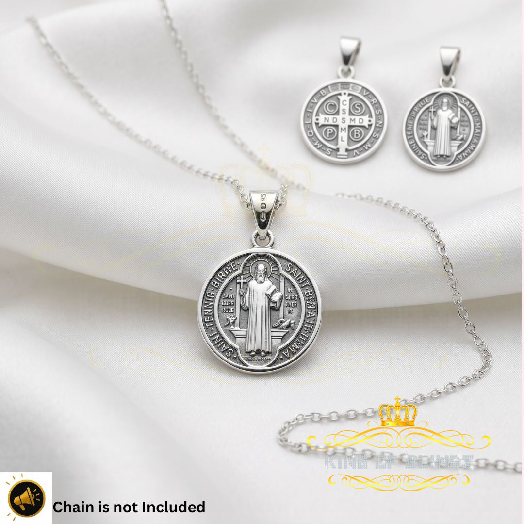 King Of Bling's Double Side Round Benedict Men's/Women's Pendant Religious 925 Sterling Silver
