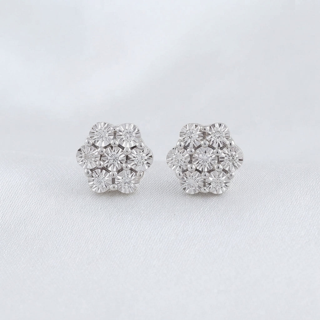 King Of Bling's 0.05ct Diamond 925 Sterling Silver White Floral Style Earrings For Men / Women KING OF BLINGS
